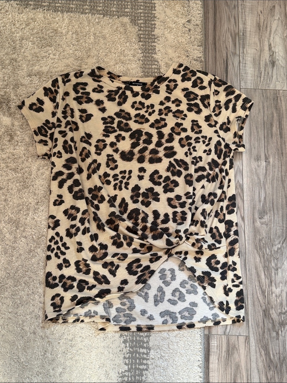 Leopard Print Short Sleeve Knot-Front Top - Beige/Black